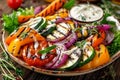 Grilled vegetables with ranch dressing on a wooden background, in a closeup view