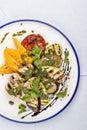 Grilled vegetables - tomatoes, zucchini, eggplant, sweet pepper, mushrooms. In a white plate Royalty Free Stock Photo