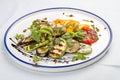 Grilled vegetables - tomatoes, zucchini, eggplant, sweet pepper, mushrooms. In a white plate Royalty Free Stock Photo