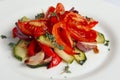 Grilled vegetables on white plate cutted on slices. Close up photo with selective focus