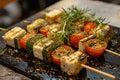 Grilled vegetarian grill skewers, tomato, sheep cheese and zucchini slices, rosemary garlic oil Royalty Free Stock Photo