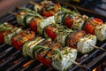 Grilled vegetarian grill skewers, tomato, sheep cheese and zucchini slices, rosemary garlic oil. Royalty Free Stock Photo