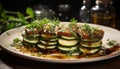 Grilled vegetarian meal on wooden plate, fresh and healthy generated by AI Royalty Free Stock Photo