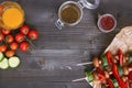 Grilled vegetarian meal on the wooden table, top view. Barbecue party outdoor Royalty Free Stock Photo