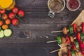 Grilled vegetarian meal on the wooden table, top view. Barbecue party outdoor Royalty Free Stock Photo