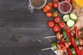 Grilled vegetarian meal on the wooden table, top view. Barbecue party outdoor Royalty Free Stock Photo