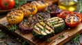 grilled veggies on a wooden table, sprinkled with herbs and drizzled with olive oil ideal for a summer bbq