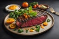 Grilled wagyu beef steak with parsley and tangerines. generative ai