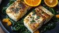 Grilled white fish with spinach and orange garnish for gourmet dining experience Royalty Free Stock Photo