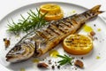 Grilled Whole Fish on Plate with Lemon Slices and Fresh Herbs, Gourmet Seafood Dinner Concept