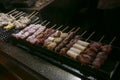 Grilled yakitori chicken skewers at an Izakaya restaurant in Omoide Yokocho street in the Shinjuku district of Tokyo..