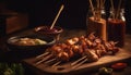 Grilled yakitori skewers, savory meat on bamboo sticks, ready to eat generated by AI