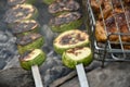 Grilled zucchini skewers and meat barbecue. Royalty Free Stock Photo