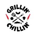 Grillin Chillin Barbecue party Grill tools Spatula Fork with Sausage Tomato Mushroom Fish Chili Pepper Grilling and Chilling