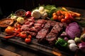 grilling assortment of meat and vegetables