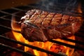 Grilling barbecue beef steak over open fire, cooking using charcoal grill. Generative AI Royalty Free Stock Photo