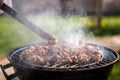 Grilling barbeque meet on the grill outdoors in the back yard. Summer time picnic. Roasting meat on metal grid on hot coals. Smoke Royalty Free Stock Photo