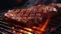 Grilling beef meat dinner. Cooking red steak close up. Barbecue meal. Bbq party Royalty Free Stock Photo