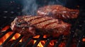 Grilling beef meat dinner. Cooking red steak close up. Barbecue meal. Bbq party Royalty Free Stock Photo