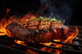 grilling beef steaks over flaming. Generative ai