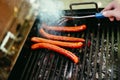 Grilling chicken meat skewers and kebab with vegetables on barbecue charcoal grill Royalty Free Stock Photo