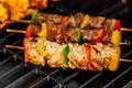 Grilling chicken skewers and corn on a barbecue Royalty Free Stock Photo