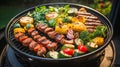 Grilling chicken and vegetables on a charcoal BBQ grill outdoors, view from above Royalty Free Stock Photo