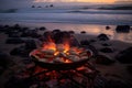 grilling clams with beach bonfire and ocean waves