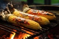 grilling corn on the cob with husks pulled back