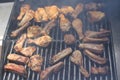 Grilling delicious variety of meat on barbecue grill