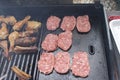 Grilling delicious variety of meat on barbecue grill