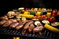 Grilling extravaganza, sizzling steak, sausages, chicken, and veggies on BBQ Royalty Free Stock Photo