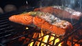 Grilling fillet salmon. Cooking process of red fish steak close up Barbecue meal Royalty Free Stock Photo