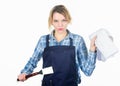 Grilling food. Woman checkered shirt and apron for cooking white background. Cooking meat at low temperature for long