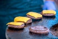 Grilling hamburger patties with cheese open air Royalty Free Stock Photo