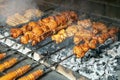 Grilling marinated shashlik on a grill. Shashlik is a form of Shish kebab Royalty Free Stock Photo