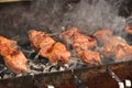 Grilling marinated shashlik on a grill. Shashlik is a form of Shish kebab popular in Eastern, Central Europe Royalty Free Stock Photo