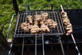 Grilling marinated shashlik on a grill. Shashlik is a form of Shish kebab popular in Eastern, Central Europe and other places. Royalty Free Stock Photo