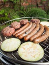 Grilling meat and aubergines on a charcoal grill Royalty Free Stock Photo