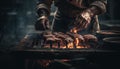 Grilling meat over glowing coal, a chef homemade refreshment generated by AI