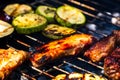 Grilling meat rolls called mici or mititei with vegetables on char barbecue. Charcoal grill with burning fire Royalty Free Stock Photo