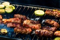 Grilling meat rolls called mici or mititei with vegetables on char barbecue. Charcoal grill with burning fire Royalty Free Stock Photo