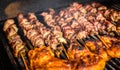 Grilling meat skewers and chicken on natural charcoal barbecue g