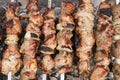 Grilling meat on skewers. Cooking meat barbecue on charcoal grill at picnic. Royalty Free Stock Photo