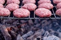 Grilling meatballs on the grill. Cooking barbeque with charcoal in garden
