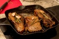 Grilling new york strip sirloin beef steaks with rosemary and garlic on cast iron grill pan skillet on a electric stove counter Royalty Free Stock Photo