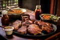 grilling pork chops, bbq sauce and spices in the foreground Royalty Free Stock Photo