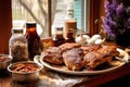 grilling pork chops, bbq sauce and spices in the foreground Royalty Free Stock Photo