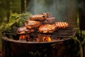 grilling pork chops on a charcoal bbq in nature Royalty Free Stock Photo