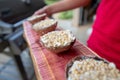 Grilling portobello mushrooms on cedar plank Royalty Free Stock Photo